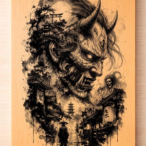 May include: Wooden chopping board with a detailed black and white illustration of a Japanese demon with horns, set against a backdrop of traditional architecture and a full moon. The design includes a pagoda, torii gate, and a figure in a hat.