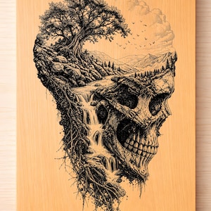 May include: A wooden chopping board featuring a detailed black and white illustration of a skull. The skull is integrated with a landscape including a waterfall, trees, and mountains. The board has PNG, SVG, and PDF icons.