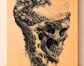 Schädel Natur Landschaft SVG PNG, Gothic Waldschädel Lasergravur, Premium Dark Art
