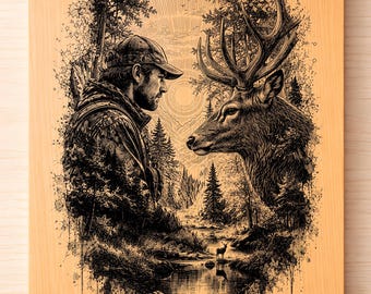 Jägare och rådjur SVG PNG, lasergravering av vilda djur, väggkonst av natur