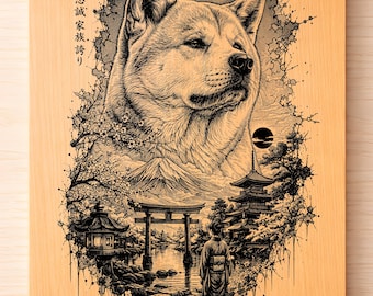 Akita Inu Lasergravur SVG PNG, Japanischer Hund Wandkunst, Mount Fuji Decor