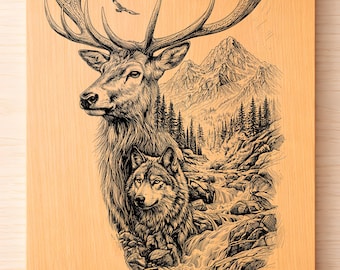 Hirsch & Wolf Bergszene SVG PNG - Wildtier-Gravur-Design, Waldlandschaft Laser-Datei, rustikale Wandkunst
