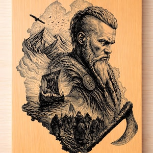 May include: Wooden chopping board featuring a black and white illustration of a Viking warrior, mountains, a longboat, and an axe. The artwork is set against a light wood grain background. Includes PNG, SVG, and PDF file icons.