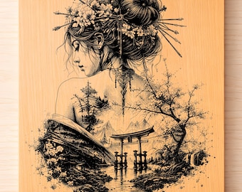 Japanische Geisha SVG PNG, Sakura Landschaft Lasergravur, Zen Japan Dekor