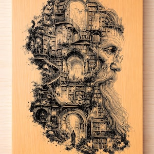 May include: A rectangular light wood board featuring a detailed black ink illustration of an elderly person with a long beard, whose profile is composed of a multi-level library with arched doorways, spiral staircases, and numerous bookshelves.