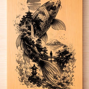 Pode incluir: Uma tábua de cortar de madeira com uma ilustração detalhada a preto e branco de uma carpa koi saltando por uma paisagem japonesa. O design inclui pagodes, uma ponte e o Monte Fuji, com um sol ao fundo.