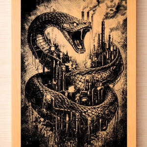 May include: A black and sepia illustration of a snake entwined with a cityscape, featuring factories and chimneys. The snake has an open mouth with visible fangs. The image is on a wooden board, with PNG, SVG, and PDF icons.