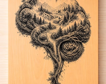Natur Gehirn SVG PNG, Berg Geist Lasergravur, Wald Gehirn Landschaft Kunst