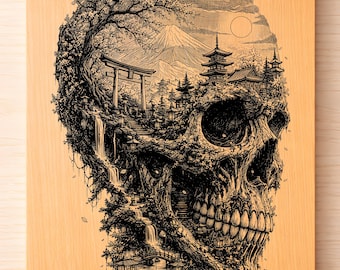 Japanischer Schädel SVG PNG, Gothic Asiatisch Lasergravur, dunkle japanische Kunst