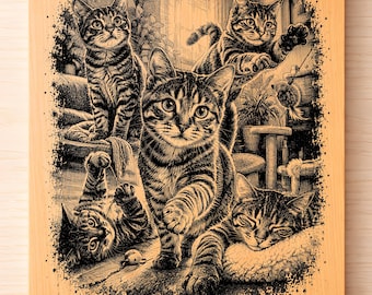 Verspielte Kätzchen SVG PNG, süße Katzenfamilie Lasergravur