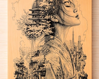 Japanische Frau Doppelbelichtungsgravur - Tokyo City & Pagode Porträt, Sakura Art Laser Gravurdatei PNG SVG PDF