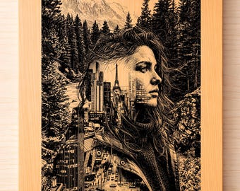 Doppelbelichtung Frau Lasergravur SVG PNG - Stadt- und Berglandschaft, Wandkunst, Urban Nature Design
