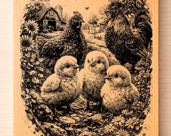 Farm Chicken Family Gravyr SVG PNG – Höna, tupp, kyckling, scen, rustik bondgårdsväggkonst, lasergraveringsfil