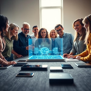 以下が含まれることがあります： テーブルを囲み、青く光るホログラフィックディスプレイを見ている人々のグループ。ディスプレイには地球儀とデータシンボルが表示されています。テーブルの上にはスマートフォンがあります。人々は笑顔で、協力しているようです。