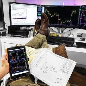 May include: A desk setup with multiple computer monitors displaying financial charts. A tablet showing similar graphs is held in a hand. Brown boots rest on the desk, with papers and a keyboard visible.