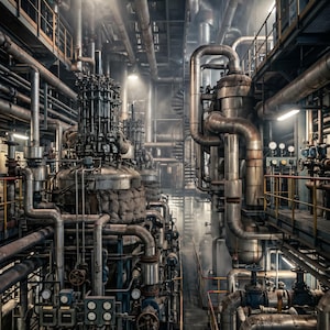 May include: An industrial interior with a complex network of metallic pipes, tanks, and machinery. The scene is illuminated by overhead lights, with visible steam or vapor adding to the atmosphere. The overall aesthetic suggests a manufacturing or processing facility.