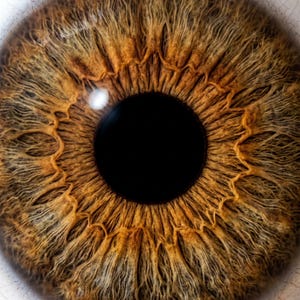 Puede incluir: Primer plano de un ojo humano, que muestra detalles intrincados. El iris es una mezcla de tonos marrones y ámbar, con patrones radiales que emanan de la pupila negra. Finas estructuras capilares crean una apariencia texturizada. La esclerótica es visible en el fondo.