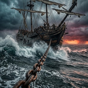 May include: A detailed image of a tall ship sailing through rough seas. The ship is dark wood, with billowing sails and a long chain in the foreground. The sky is stormy with dark clouds and a fiery sunset.