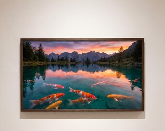 Koi-reflektioner under bergssolnedgången