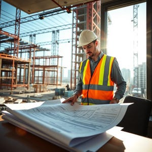 Pode incluir: Um trabalhador da construção civil com capacete branco e colete de segurança laranja examina plantas. O fundo mostra um estaleiro com guindastes e estruturas parcialmente construídas.