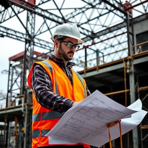 May include: A construction worker wearing a white hard hat, glasses, and an orange safety vest, examining blueprints. The worker is standing in front of a partially constructed building with exposed steel beams and scaffolding.
