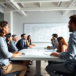 May include: A group of people seated around a white table in a well-lit conference room. A whiteboard with diagrams is visible in the background. The people are engaged in a meeting, with some smiling and looking at each other.