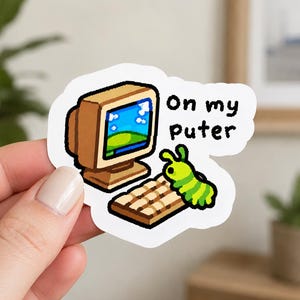 Retro Computer Pixel Art Sticker, Green Worm Tech Decal, Funny Nerd Laptop Accessory