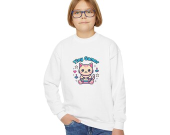 Tiny Gamer Cat Youth Crewneck Sweatshirt | Cute Pixel Kitty Gaming Design