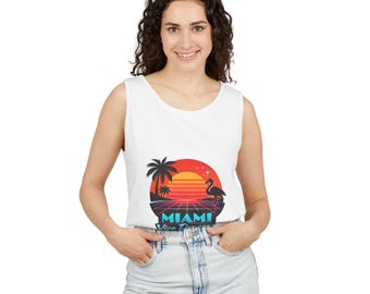 Miami Vice Dreams tank top | Retro sunset palm flamingo beach graphic