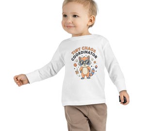 Tiny Chaos Coordinator Toddler Long Sleeve Tee | Cute Raccoon Illustration