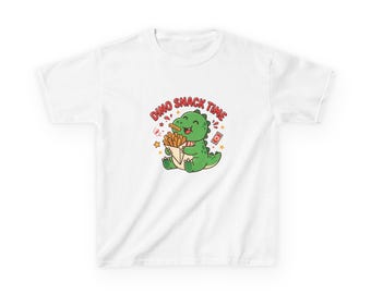 Dino Snack Time Kids Tee | Cute Green Dinosaur Eating Fries, Playful Cartoon