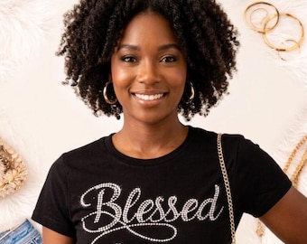 Blessed Rhinestone T-Shirt, Sparkle Script Iron On Design (Digital Download)