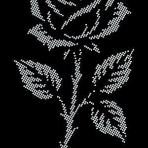 K&ouml;nnte beinhalten: Detaillierte Illustration einer Rose aus kleinen, funkelnden, rautenf&ouml;rmigen Formen auf schwarzem Hintergrund. Die Rose hat Bl&uuml;tenbl&auml;tter, Bl&auml;tter und einen Stiel, die alle durch die Anordnung der gl&auml;nzenden Elemente gebildet werden. Die Website ILLUSTRI.RU befindet sich oben links.