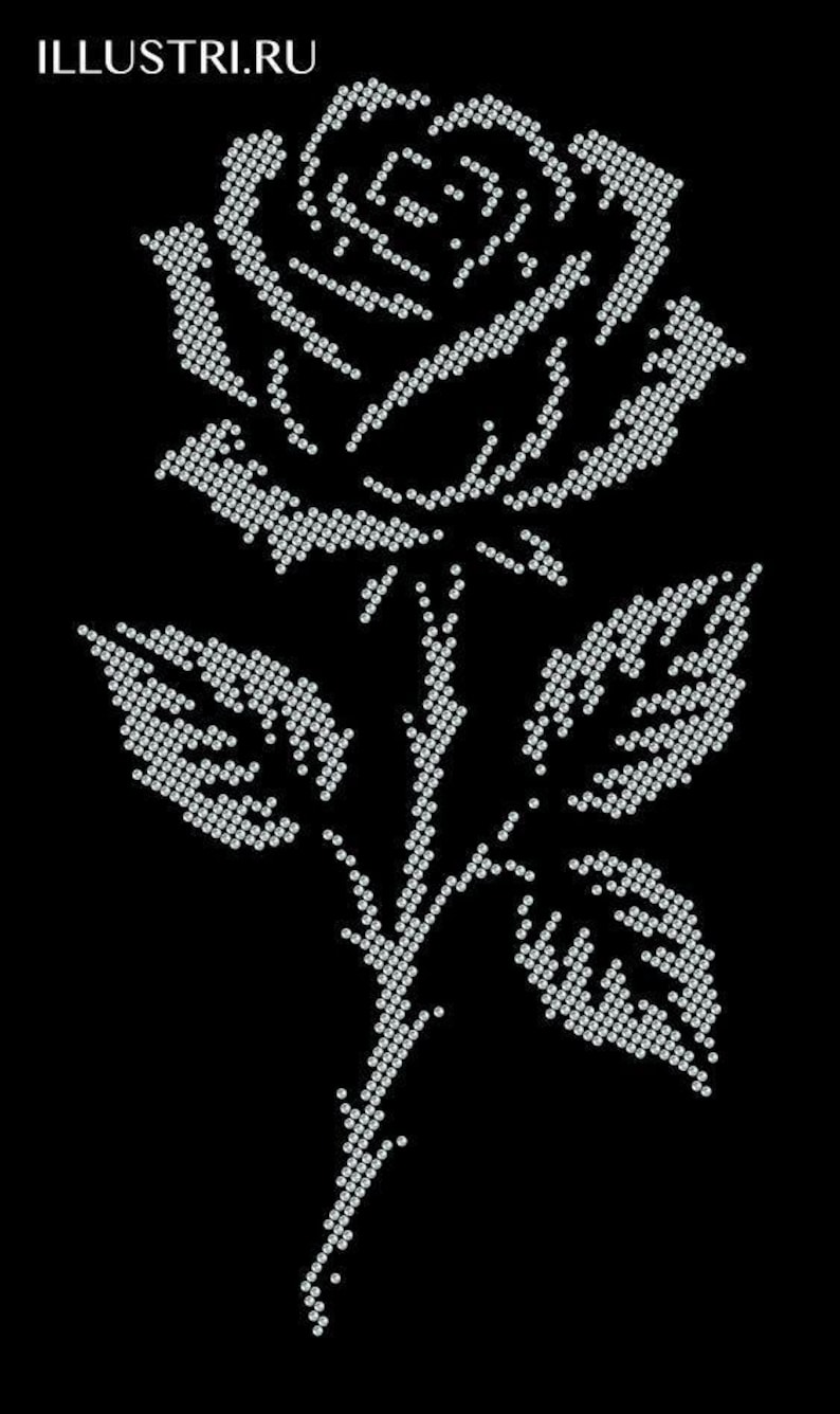 K&ouml;nnte beinhalten: Detaillierte Illustration einer Rose aus kleinen, funkelnden, rautenf&ouml;rmigen Formen auf schwarzem Hintergrund. Die Rose hat Bl&uuml;tenbl&auml;tter, Bl&auml;tter und einen Stiel, die alle durch die Anordnung der gl&auml;nzenden Elemente gebildet werden. Die Website ILLUSTRI.RU befindet sich oben links.