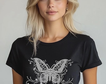 Rhinestone Butterfly T-Shirt Black | Sparkly Crystal Butterfly Tee | Women Glam Shirt | Bling Graphic Top