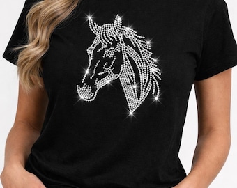 Rhinestone Horse Head T-Shirt | Sparkling Western Horse Design | Bling Cowgirl Shirt | Equestrian Tee Gift
