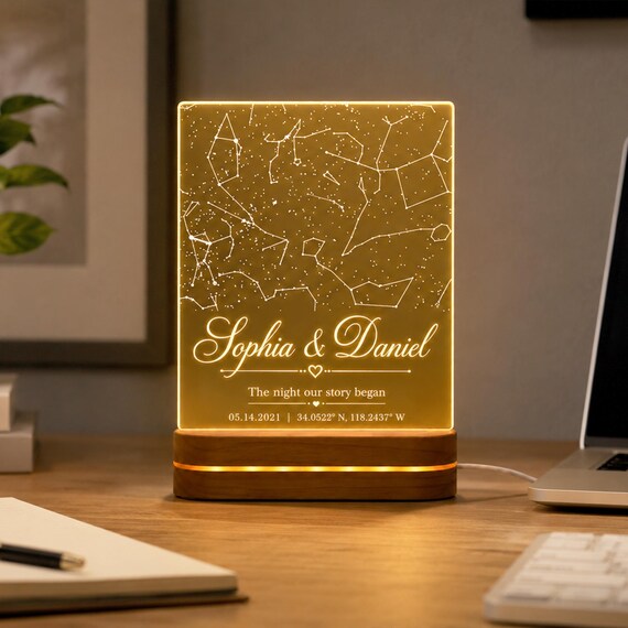A glowing acrylic LED lamp that maps the exact stars from your special date — a genuinely sweet, visually striking anniversary or wedding gift.