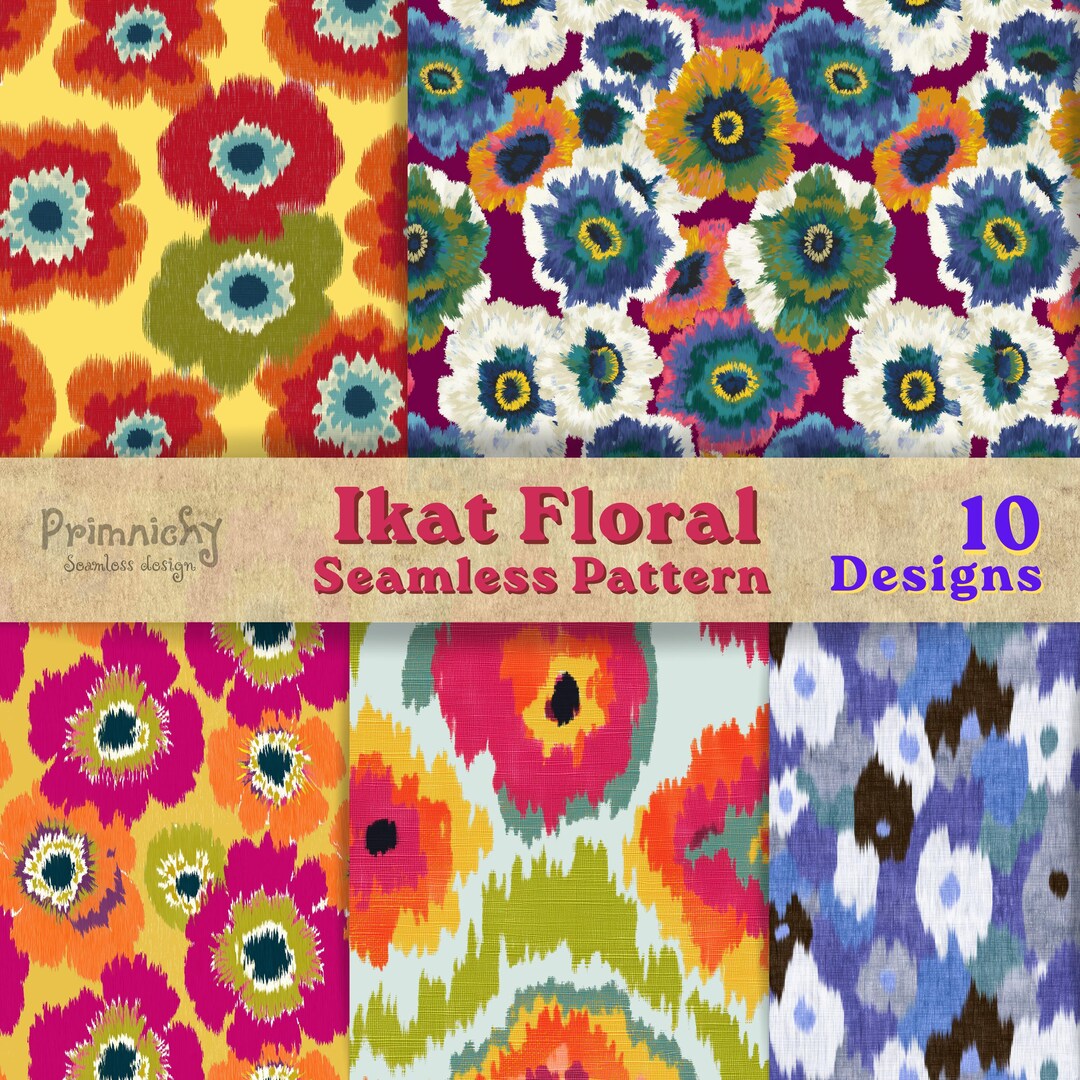 Ikat Floral Seamless Pattern Bundle, Boho Ethnic Fabric Design ...