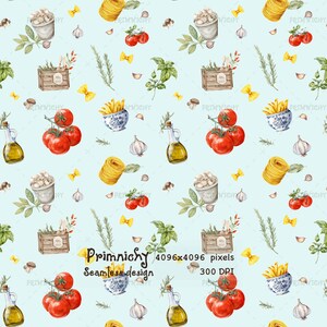 Può includere: Un motivo senza cuciture con illustrazioni ad acquerello di ingredienti italiani. Il design include pomodori, pasta, aglio, olio d'oliva, erbe aromatiche e piccole ciotole di patatine fritte, il tutto su uno sfondo azzurro. È presente anche il testo "Primnichy" e "Seamless design".