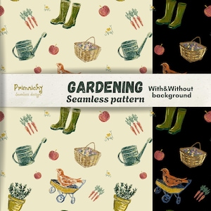 Op de afbeelding: Een naadloos patroonontwerp met tuinelementen. Het patroon bevat illustraties van groene laarzen, gieters, appels, wortelen, manden en een vogel in een kruiwagen. De tekst "GARDENING Seamless pattern" is ook aanwezig.