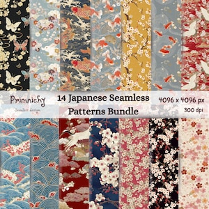 Puede incluir: Un conjunto de 14 patrones japoneses sin costuras. Los patrones presentan varios diseños, incluyendo peces koi, flores de cerezo, mariposas, grullas y patrones de olas. La paleta de colores incluye negro, dorado, rojo, azul y blanco.