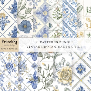 May include: A collection of eleven vintage botanical ink tile patterns. The designs feature blue and yellow floral illustrations on a white background. The image includes the text "11 PATTERNS BUNDLE" and "VINTAGE BOTANICAL INK TILE".
