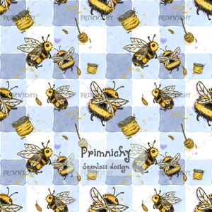 May include: Watercolor seamless pattern featuring bees, honey pots, and honey dippers on a blue and white checkered background. The design includes the text "Primnichy Seamless design".