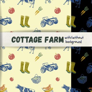 Op de afbeelding: Een herhalend patroon met een cottage boerderij thema. Het ontwerp bevat illustraties van tractoren, koeien, appels, wortelen, laarzen en manden. De tekst "COTTAGE FARM" wordt in het midden van de afbeelding weergegeven.
