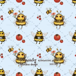 Puede incluir: Patrón sin costuras azul claro con abejas de dibujos animados, tomates y pequeñas bayas rojas. Las abejas son amarillas y negras, sosteniendo flores. El diseño incluye el texto "Primnichy Seamless design".