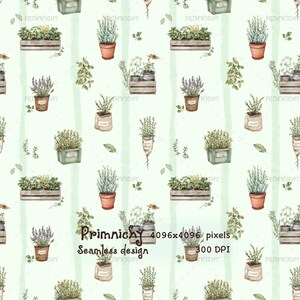 Diseño sin costuras de hierbas en maceta, papel digital de hierbas de cocina, diseño de papel tapiz de tela de jardín botánico (PNG de 4096 píxeles)