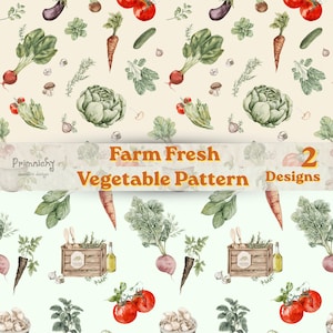 May include: Watercolor pattern featuring a variety of fresh vegetables, including tomatoes, carrots, radishes, and artichokes. The design includes the text "Farm Fresh Vegetable Pattern" and "2 Designs". The color palette is soft and natural.