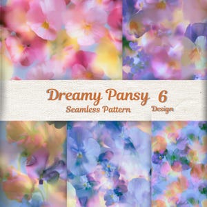 May include: A seamless pattern design featuring soft-focus pansy flowers in shades of pink, yellow, purple, and blue. A horizontal white band across the centre displays the orange text Dreamy Pansy 6 Seamless Pattern Design.