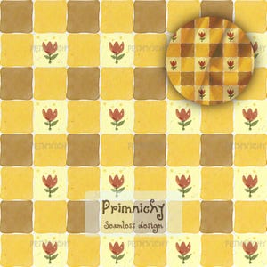 Yellow Floral Gingham Seamless Pattern, Minimal Cottage Checker Digital Paper, Soft yellow Repeat Background