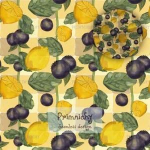 Diseño sin costuras de limón y arándano, papel digital de frutas de verano, diseño de papel tapiz de tela con estética de repostería